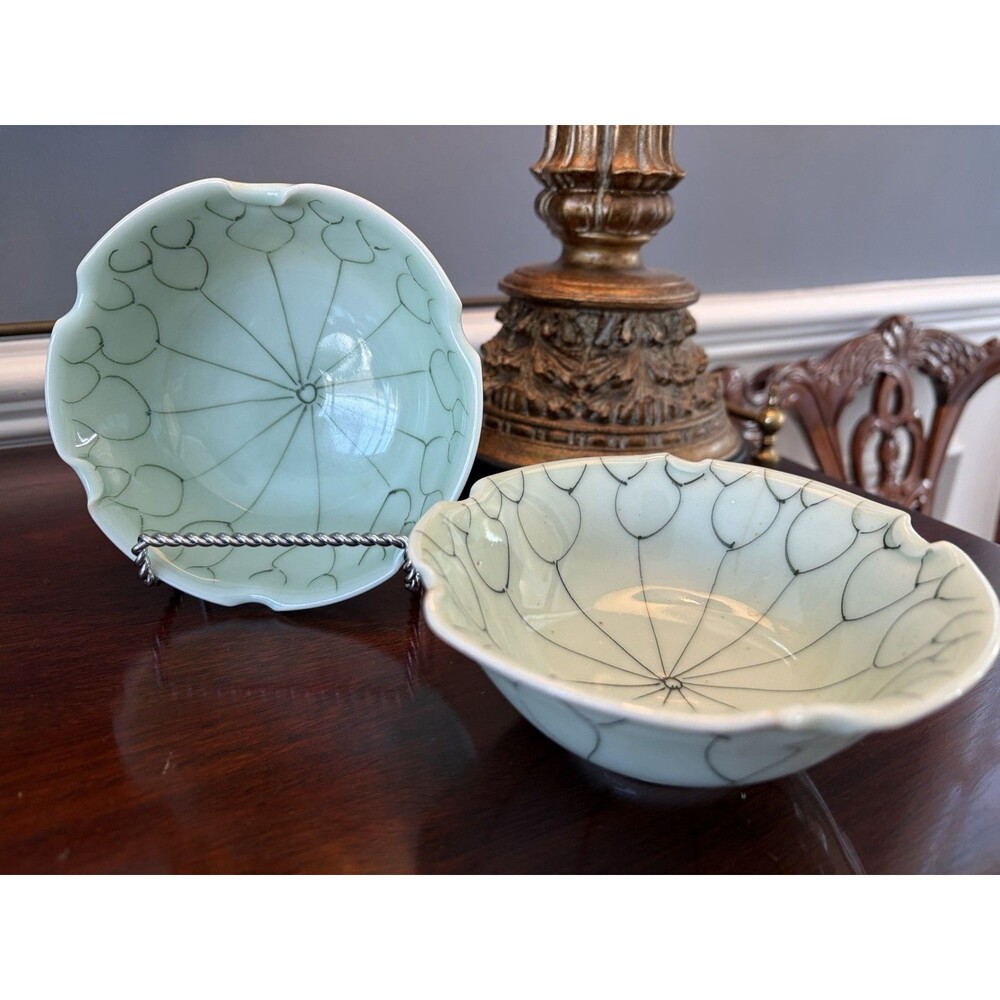 Antique Chinese Longquan Celadon Footed Lotus Bowls